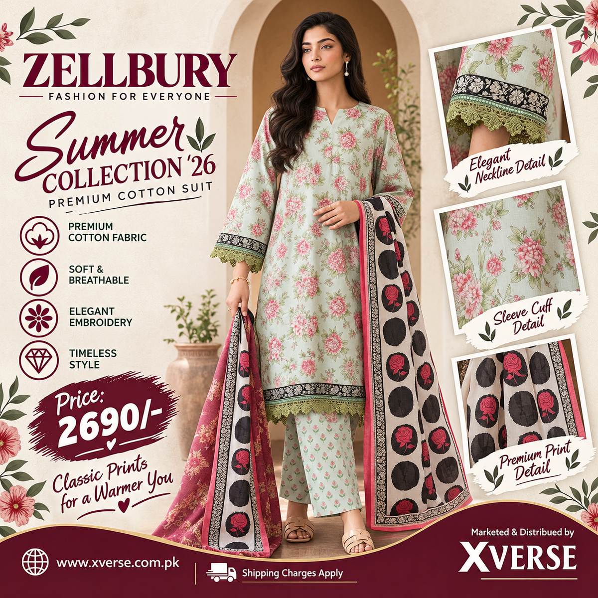 Blooming Petals: Zellbury Summer Collection '26 Mint & Pink 3-Piece Cotton Suit