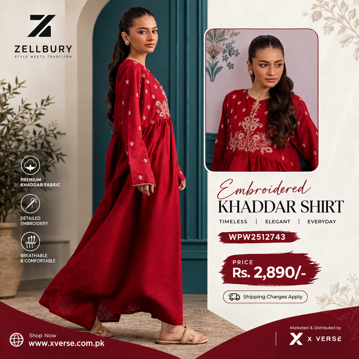 Zellbury Embroidered Khaddar Shirt for Women | WPW2512743
