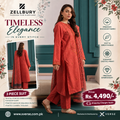 Zellbury Embroidered Khaddar 3-Piece Suit for Women – Coral Red Shirt with Masoori Dupatta & Cambric Trouser