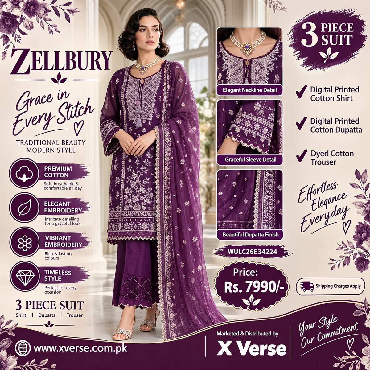 Zellbury Purple 3 Piece Cotton Suit – Digital Printed Shirt, Dupatta & Dyed Trouser | WULC26E34224