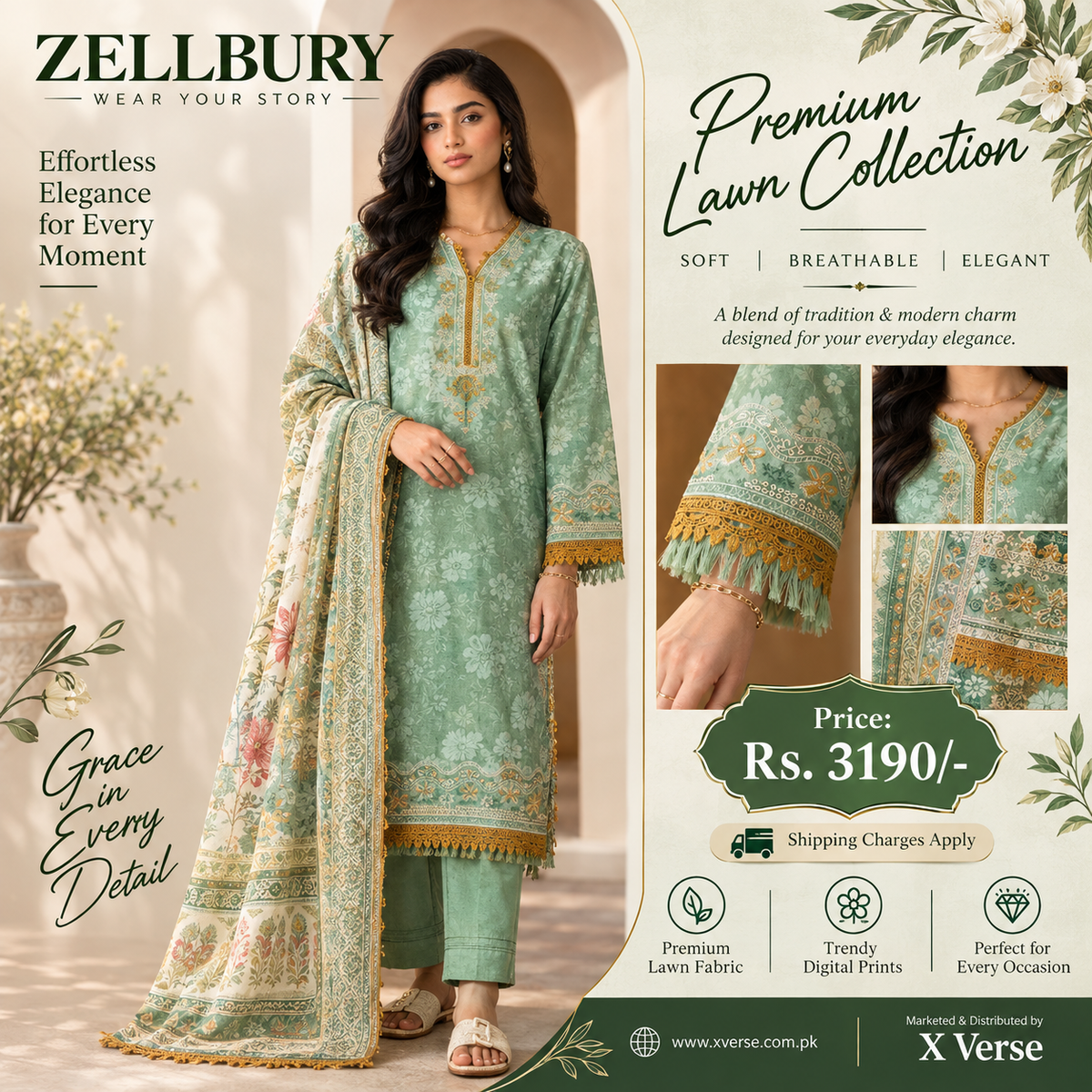 Minty Meadow: Zellbury Premium Lawn Collection 3-Piece Mint Green Suit