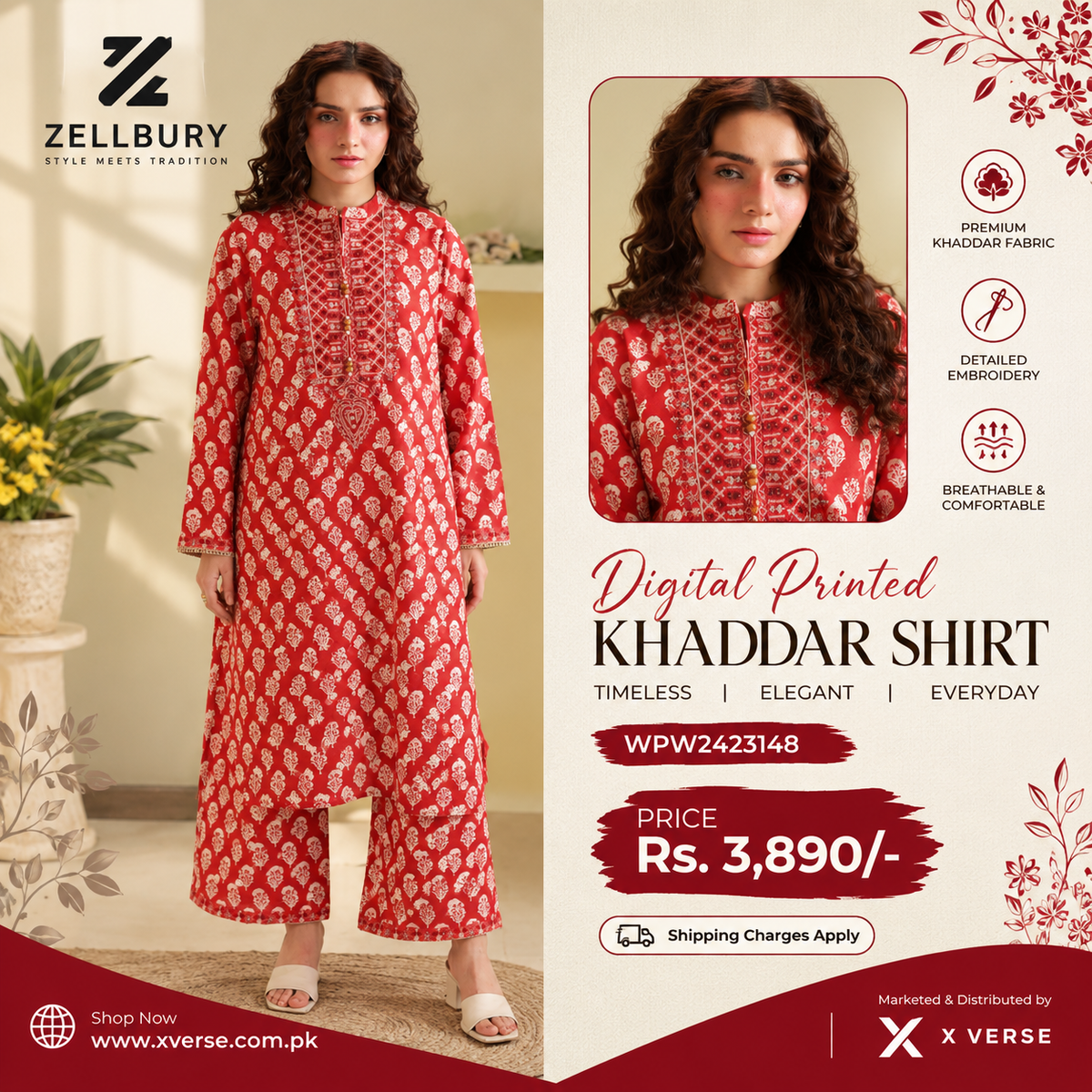 Zellbury Digital Printed Khaddar Suit for Women | WPW2423148