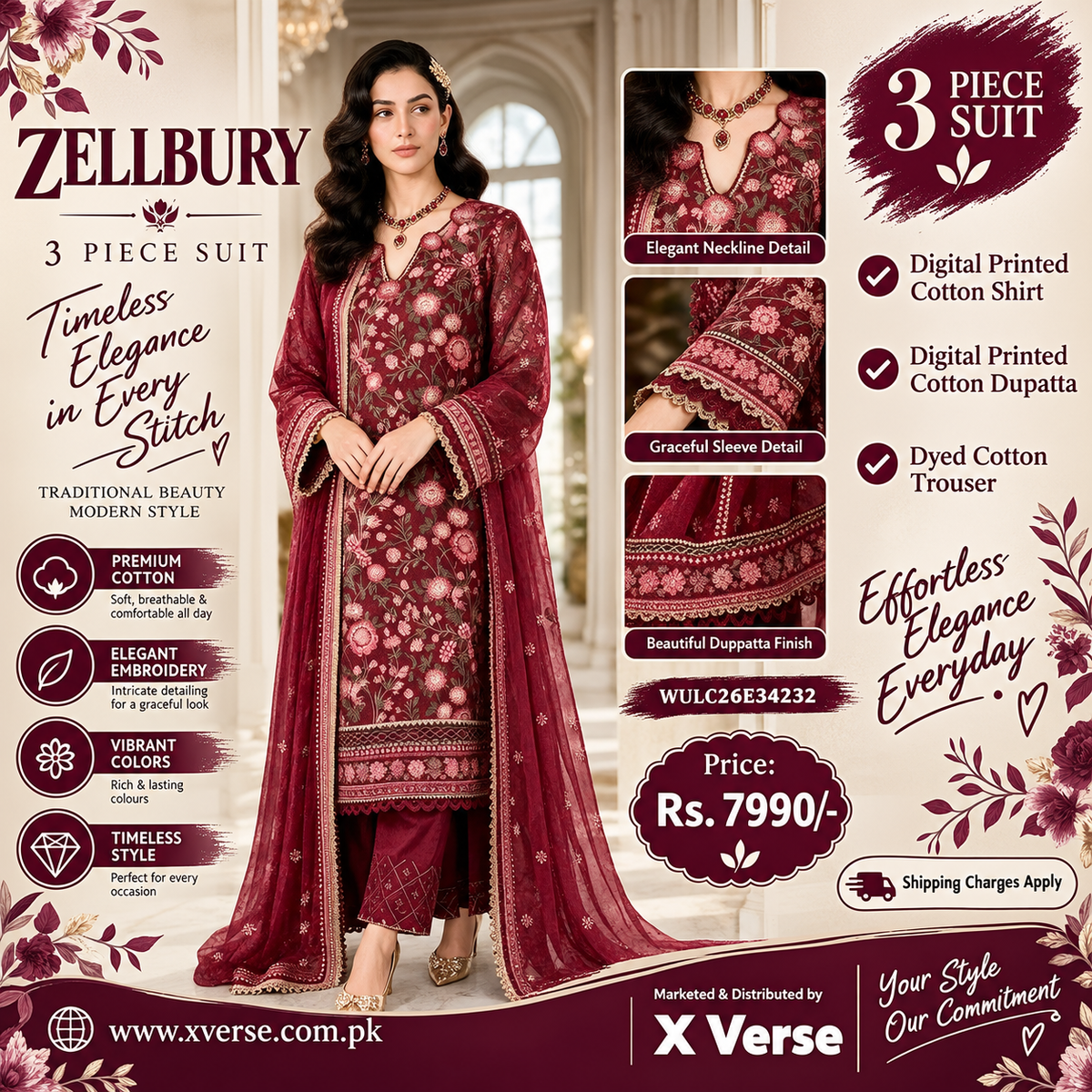 Zellbury Maroon 3 Piece Cotton Suit – Digital Printed Shirt & Dupatta | WULC26E34232