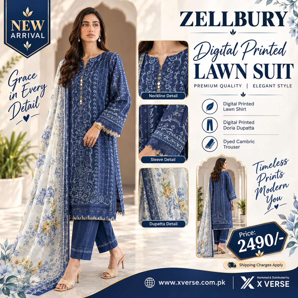Zellbury Royal Blue Floral Print Lawn Suit – Timeless Prints, Modern You