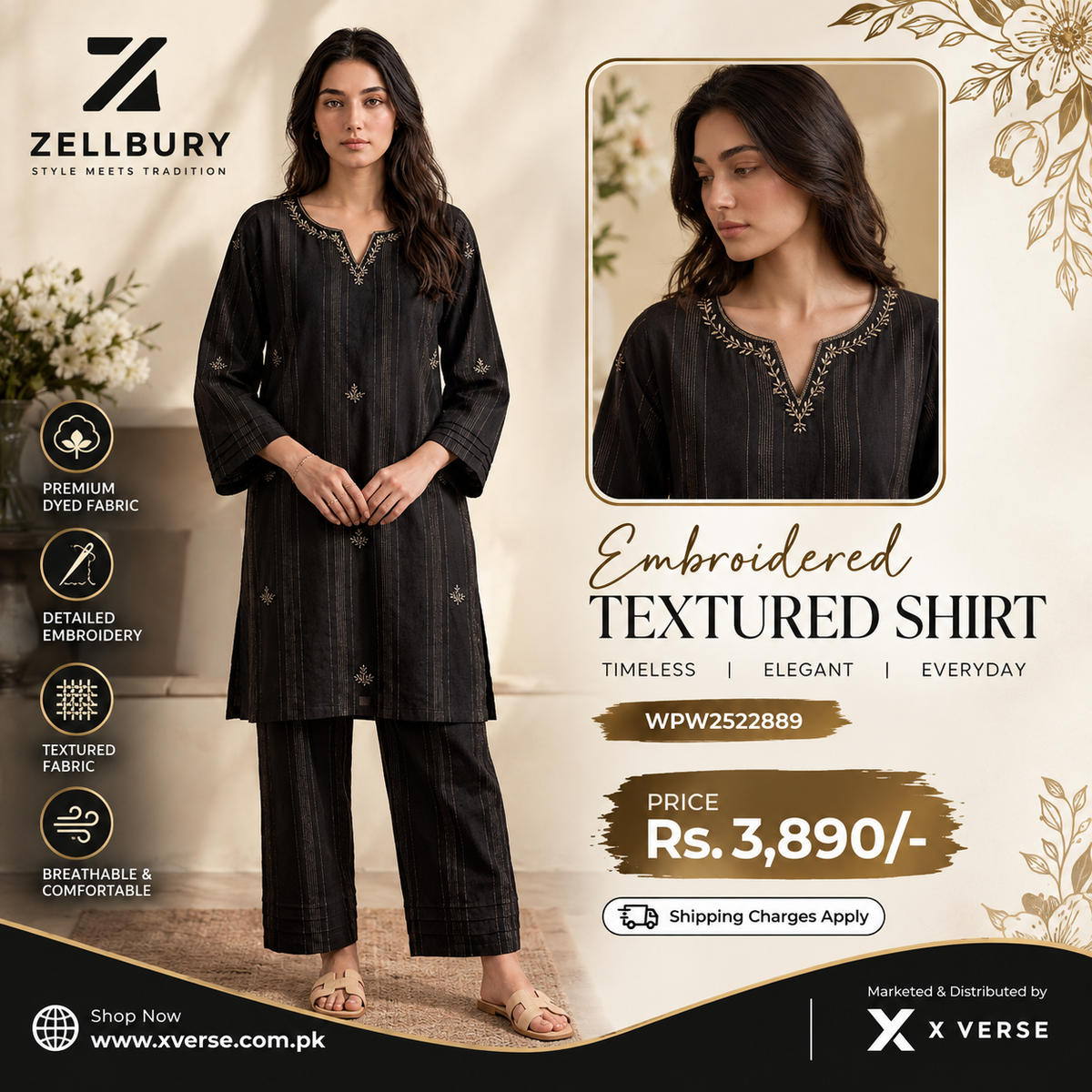 Zellbury Embroidered Textured Shirt for Women – Black Dyed Fabric 2-Piece Suit | WPW2522889