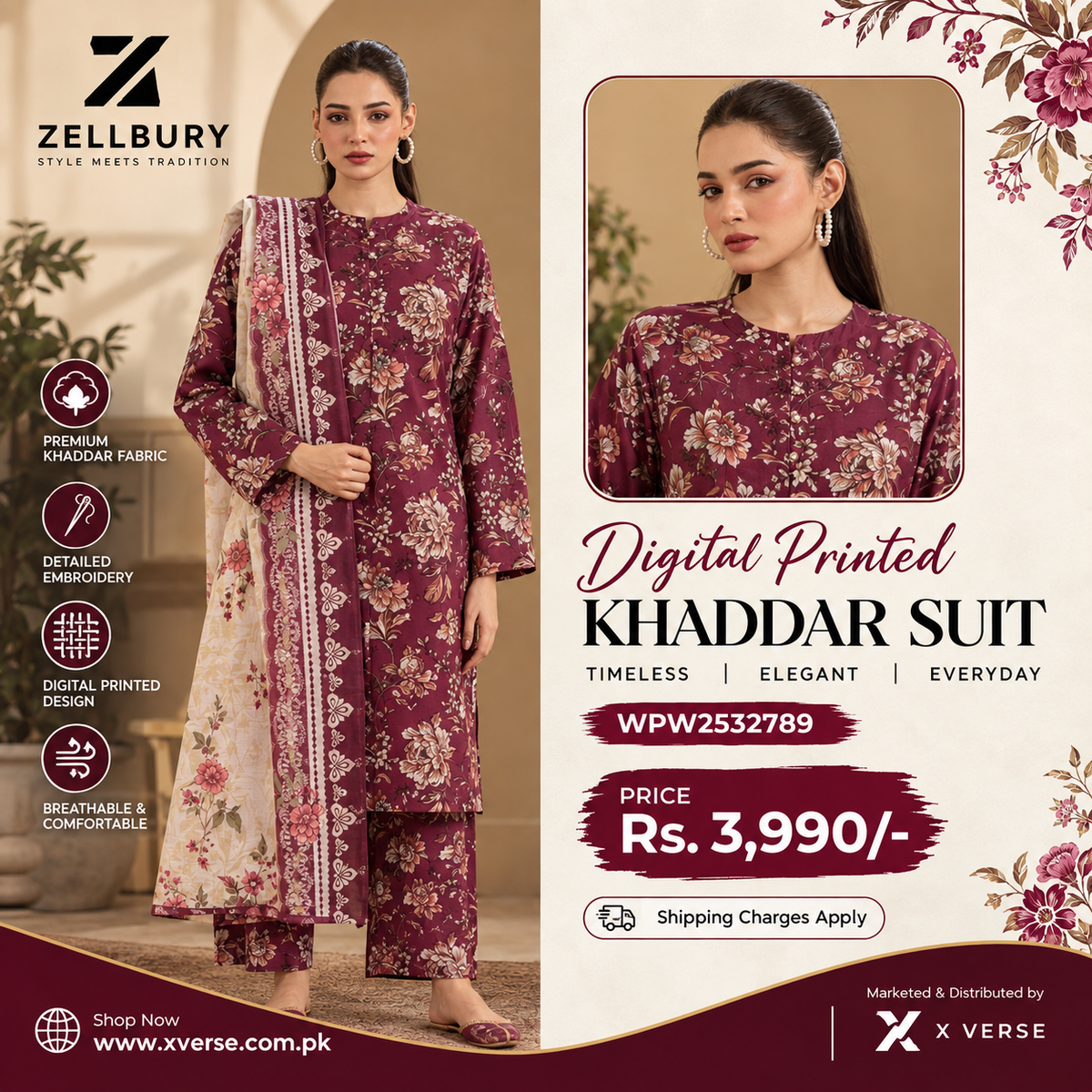 Zellbury Digital Printed Khaddar Suit for Women – Maroon Floral 3-Piece Winter Suit | WPW2532789
