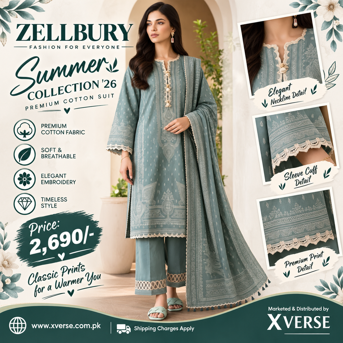 Sage Serenity: Zellbury Summer Collection '26 Teal Green 3-Piece Cotton Suit