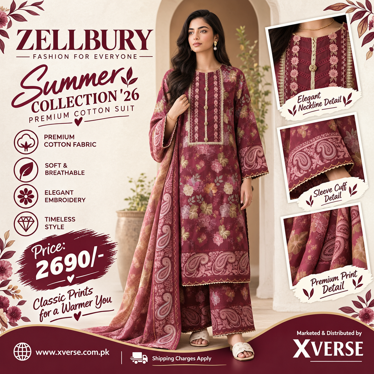 Crimson Bloom: Zellbury Summer Collection '26 Maroon 3-Piece Cotton Suit