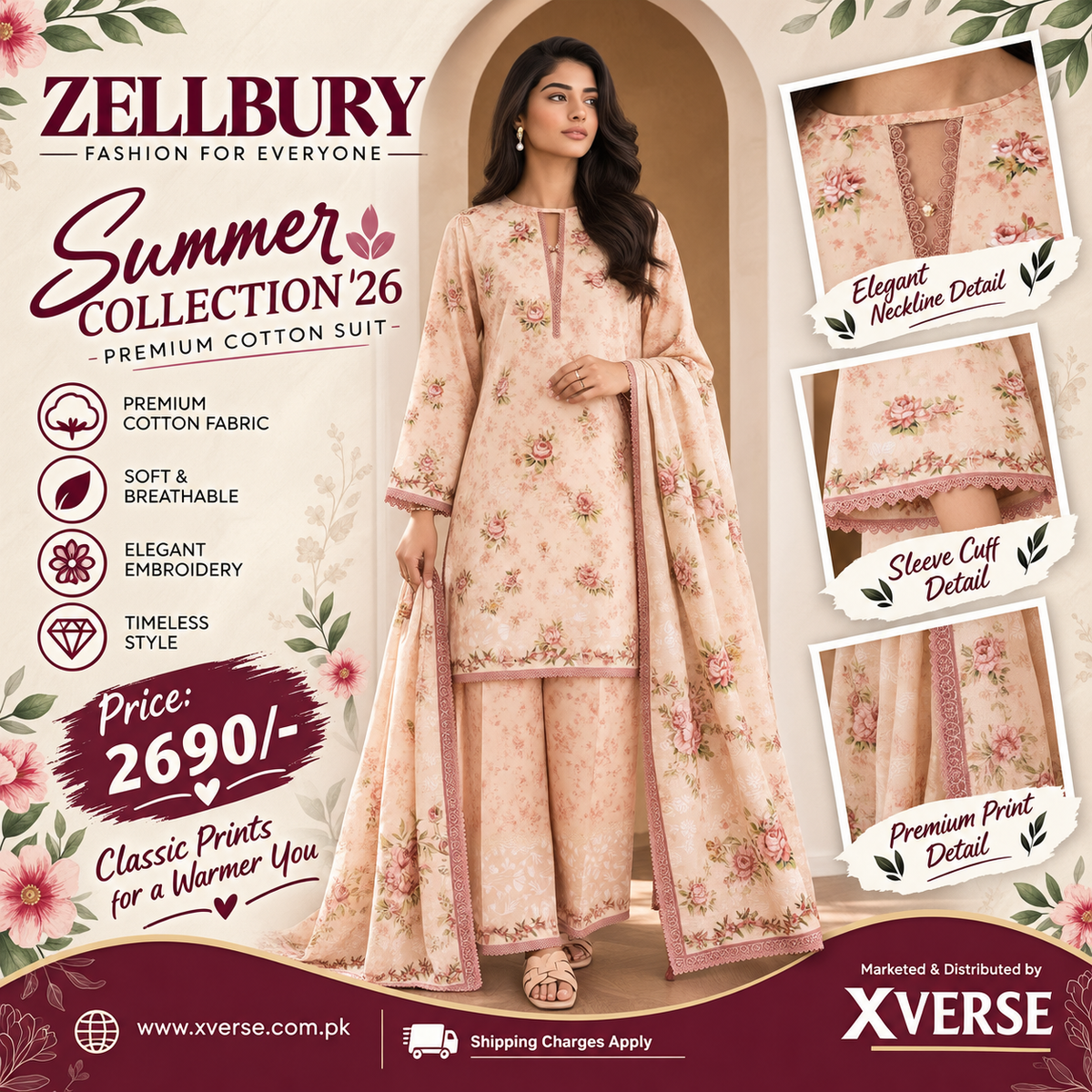 Blossom Grace: Zellbury Summer Collection '26 Peach Floral 3-Piece Cotton Suit