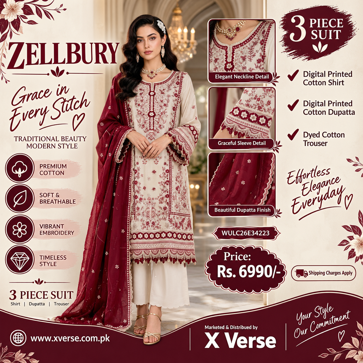 Zellbury 3 Piece Maroon & White Cotton Suit – Digital Printed Shirt, Dupatta & Dyed Trouser | WULC26E34223