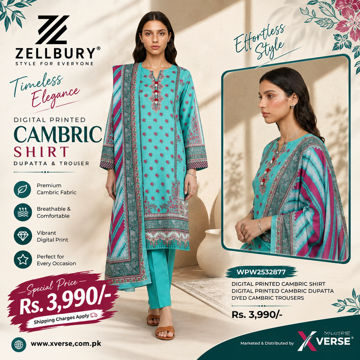 Zellbury Digital Printed Cambric 3-Piece Suit for Women – Turquoise Printed Shirt, Dupatta & Trouser | WPW2532877