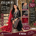 Zellbury 3 Piece Black & Red Embroidered-Style Cotton Suit – Digital Printed Shirt, Dupatta & Dyed Trouser | WUCQ1X30048