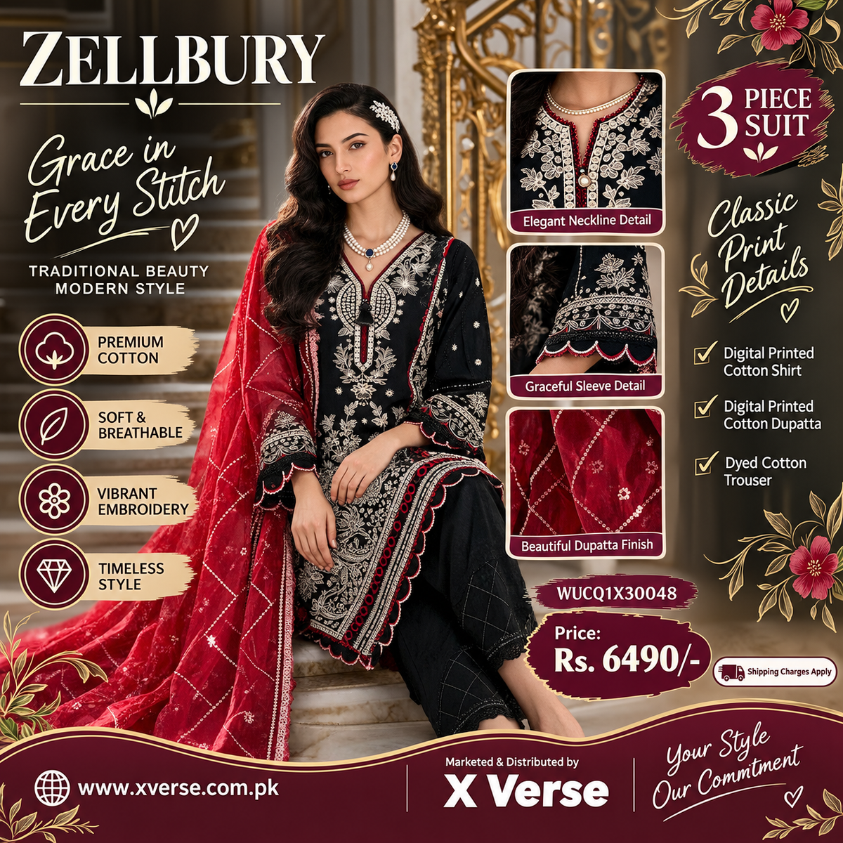 Zellbury 3 Piece Black & Red Embroidered-Style Cotton Suit – Digital Printed Shirt, Dupatta & Dyed Trouser | WUCQ1X30048
