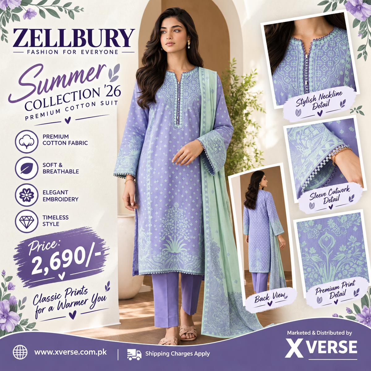 Periwinkle Dream: Zellbury Summer Collection '26 Purple & Mint 3-Piece Cotton Suit
