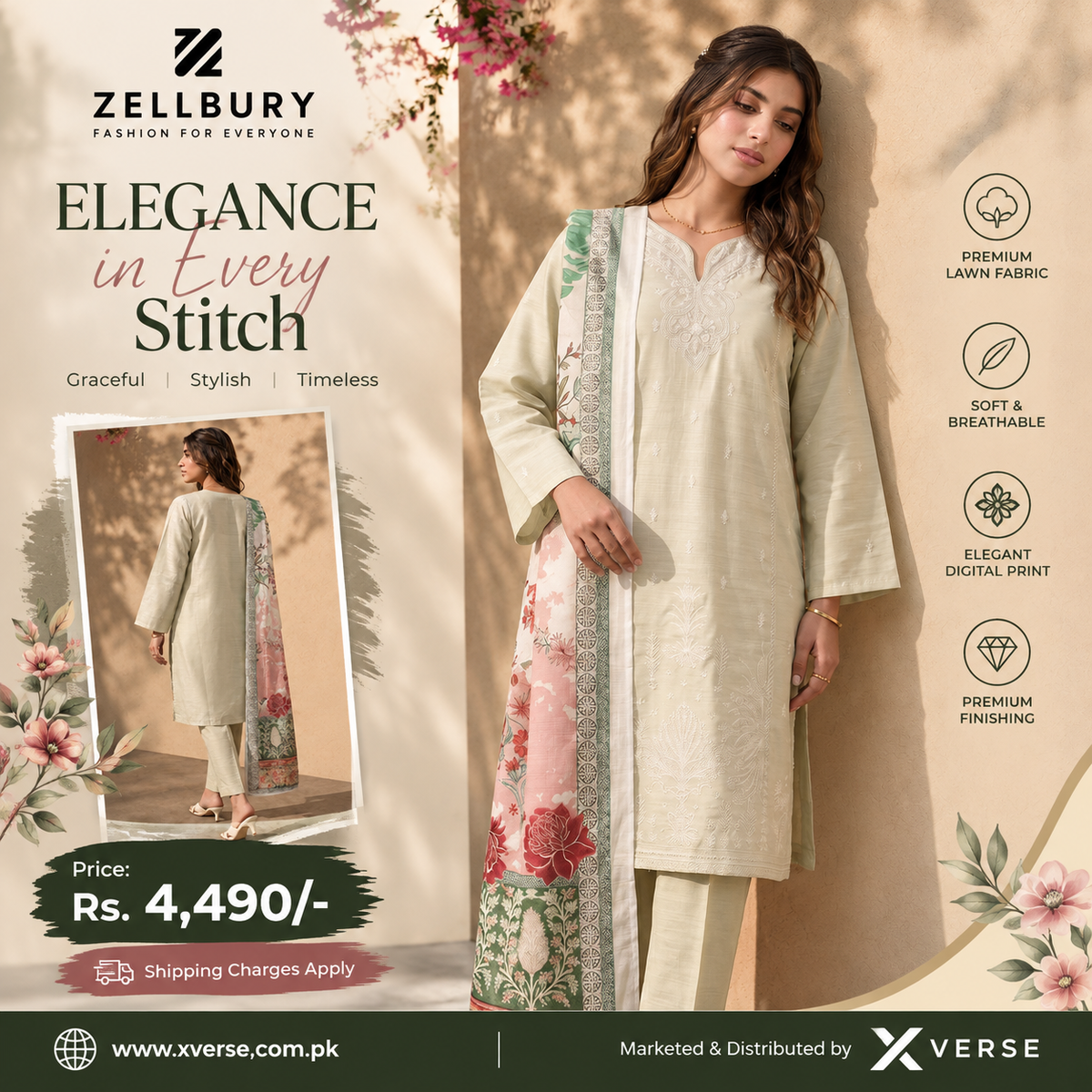 Zellbury Embroidered Lawn 3-Piece Suit for Women – Cream Digital Printed Shirt, Dupatta & Trouser | Premium Lawn