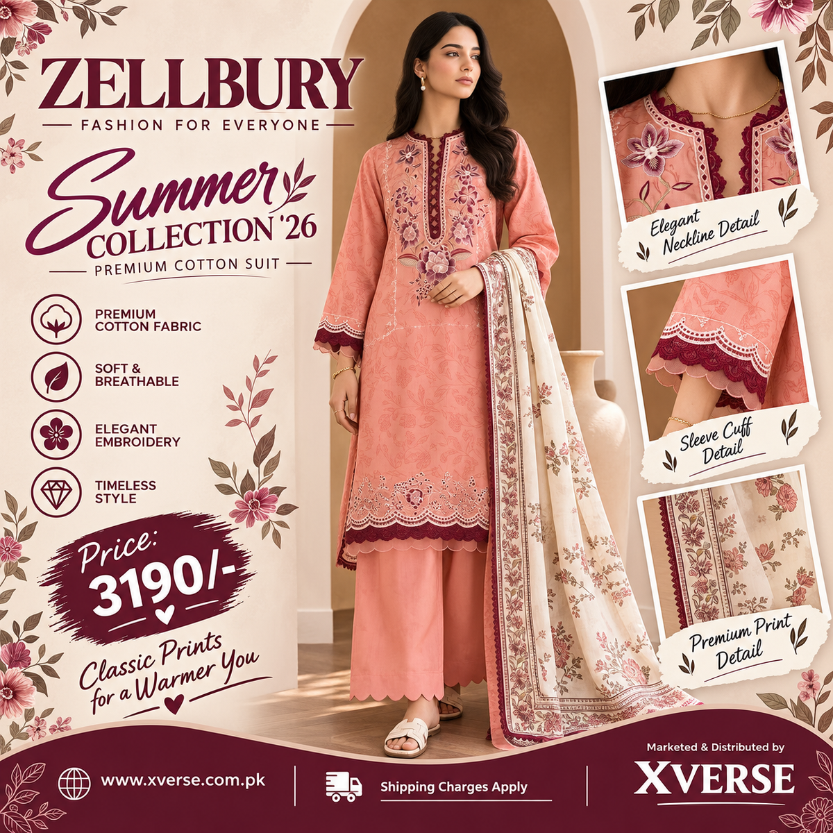 Blushing Beauty: Zellbury Summer Collection '26 Peach 3-Piece Embroidered Cotton Suit