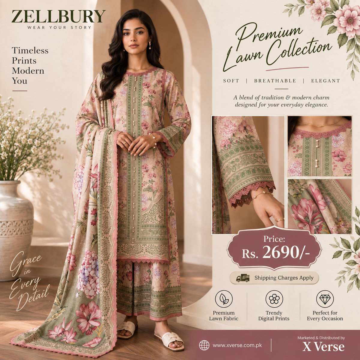 Floral Harmony: Zellbury Premium Lawn 3-Piece Printed Suit