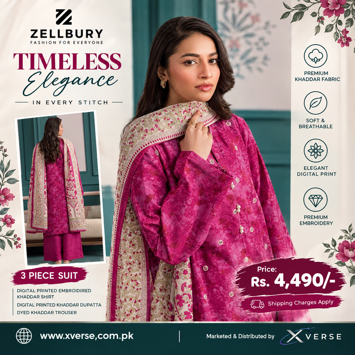 Zellbury Digital Printed Embroidered Khaddar 3-Piece Suit for Women – Pink Shirt, Dupatta & Trouser