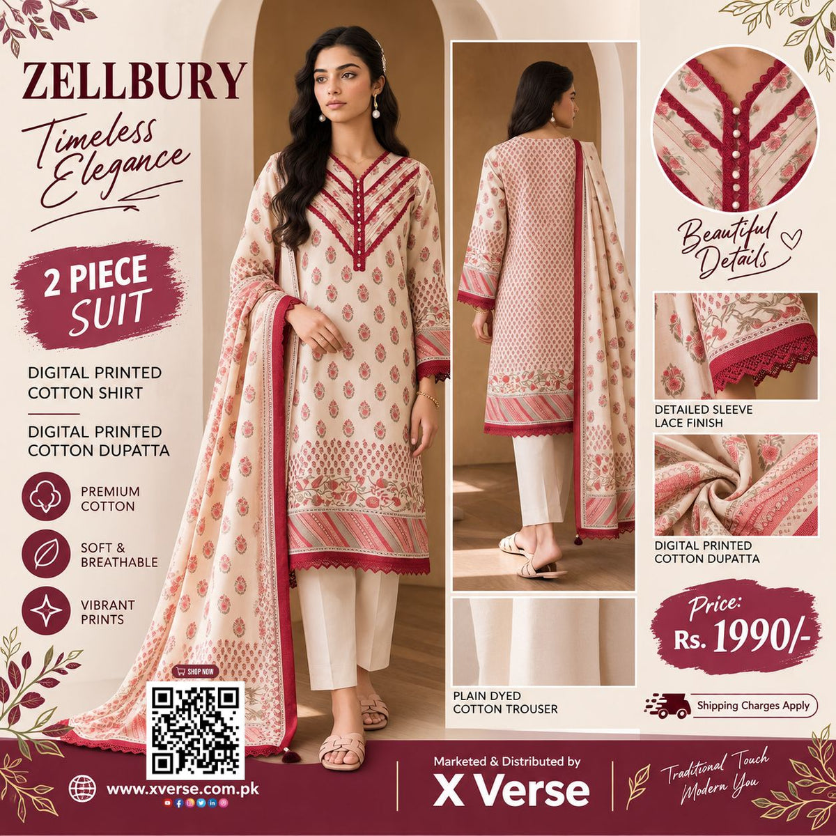Zellbury 2 Piece Digital Printed Cotton Suit – Printed Shirt with Floral Dupatta | Elegant Pink & Beige Pakistani Suit