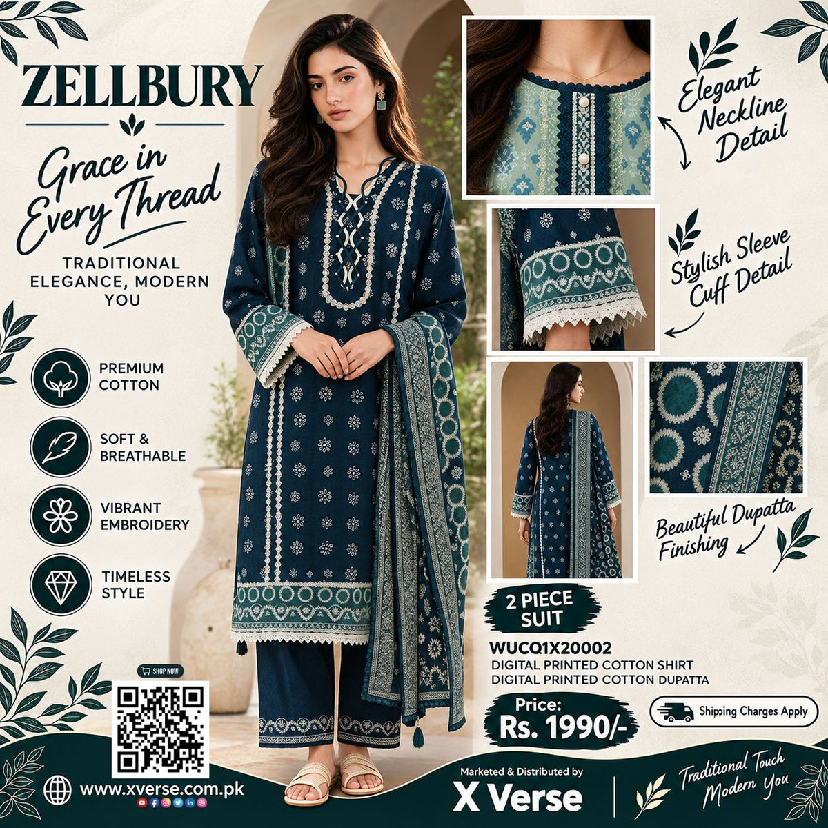 Zellbury 2 Piece Digital Printed Cotton Suit – Navy Blue Printed Shirt & Dupatta | Elegant Pakistani Cotton Dress