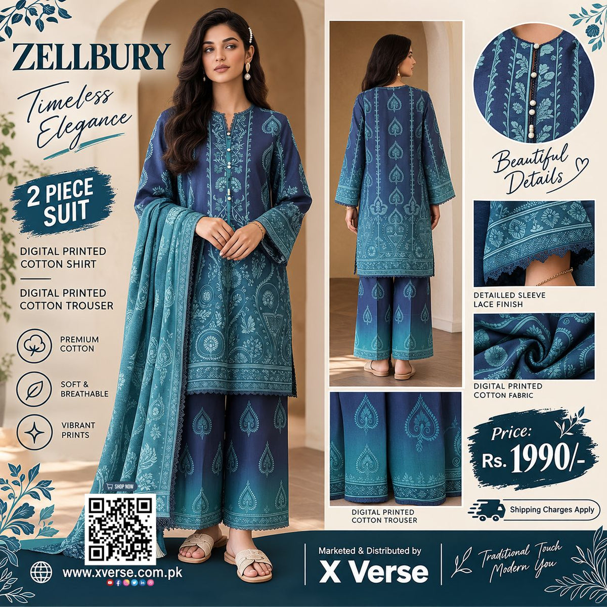 Zellbury 2 Piece Digital Printed Cotton Suit – Blue Printed Shirt & Trouser with Matching Dupatta | Premium Cotton