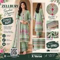 Zellbury 2 Piece Digital Printed Embroidered Cotton Suit – Mint Green Floral Shirt & Trouser | Premium Cotton Collection