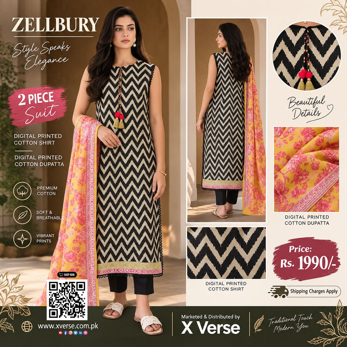 Zellbury 2 Piece Digital Printed Cotton Suit – Black Zigzag Shirt with Floral Cotton Dupatta | Premium Printed Lawn/Cotton Collection
