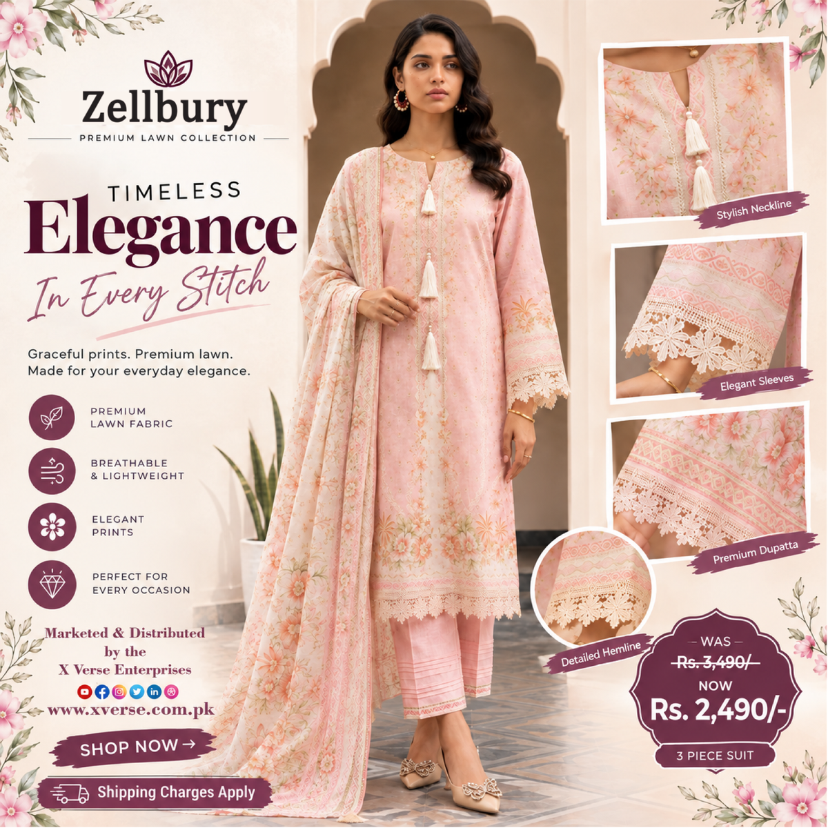 Zellbury Premium Lawn 3-Piece Suit – Peach Floral Printed Collection