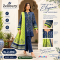 Zellbury Premium Lawn 3-Piece Suit – Navy Blue &amp; Lime Green Printed Collection