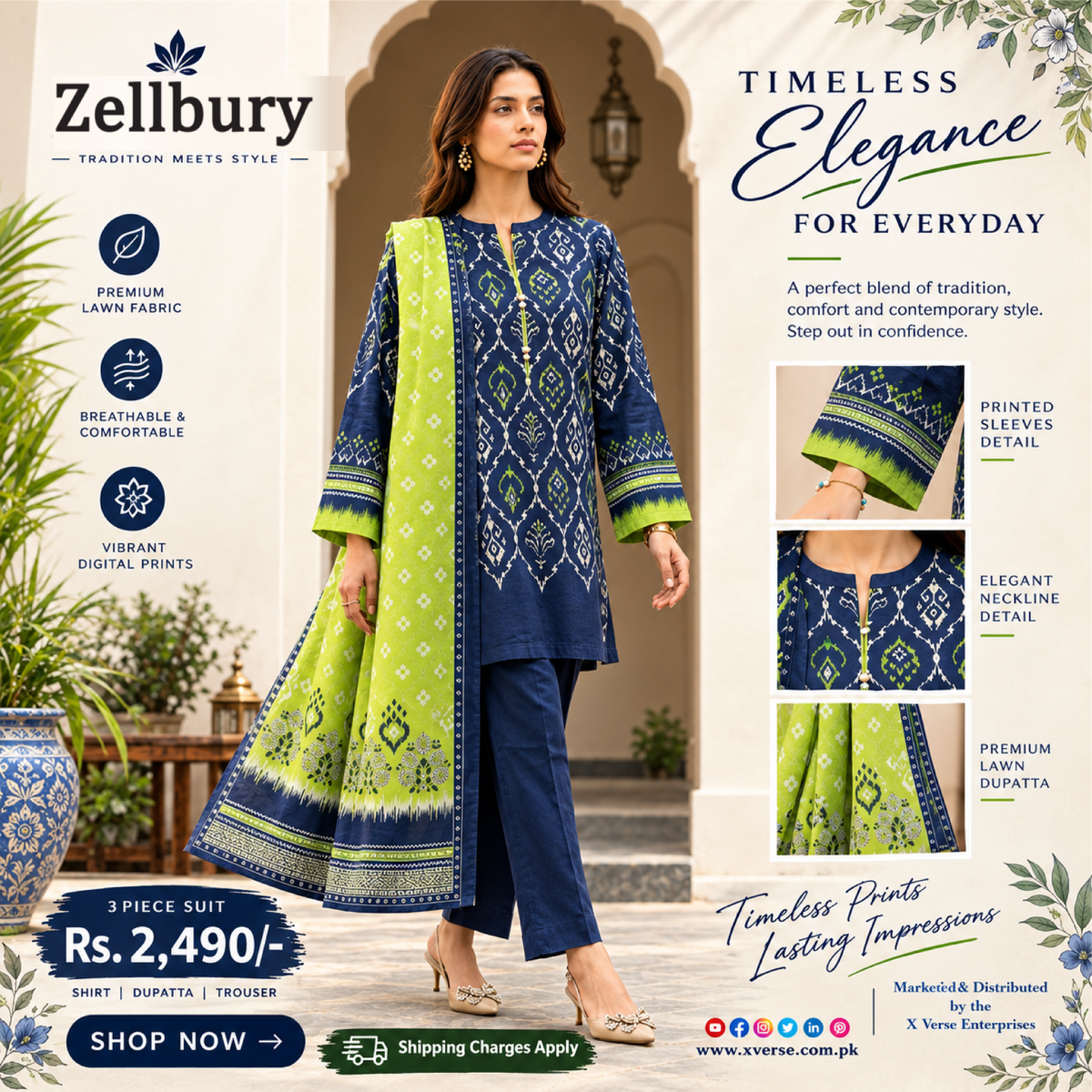Zellbury Premium Lawn 3-Piece Suit – Navy Blue &amp; Lime Green Printed Collection