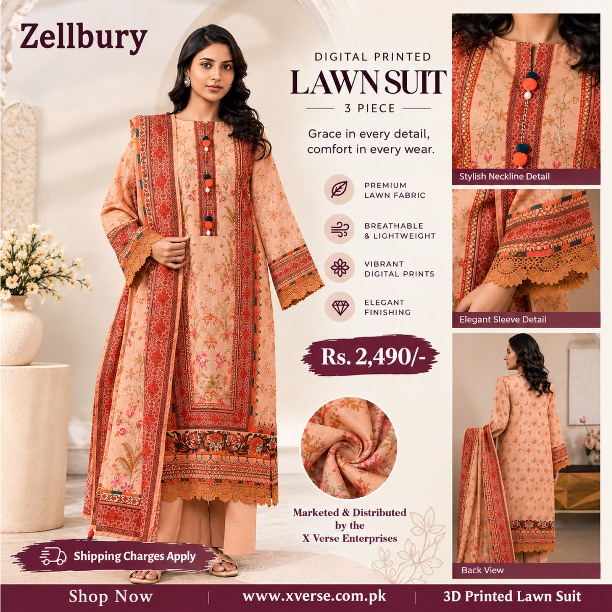 Zellbury Digital Printed Premium Lawn 3-Piece Suit – Elegant &amp; Breathable