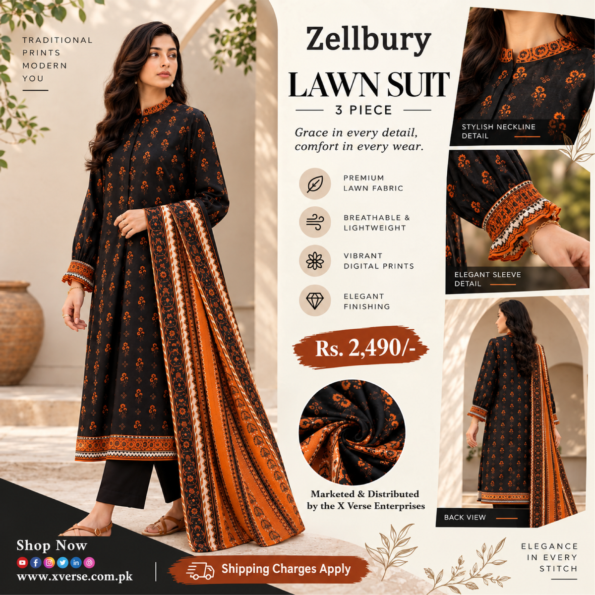 Zellbury Lawn Suit – 3 Piece | Premium Printed Collection