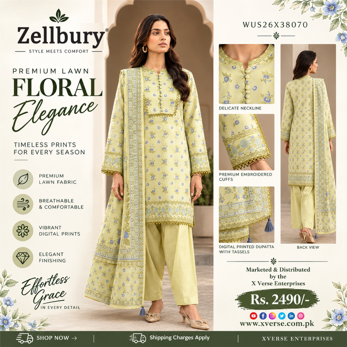 Zellbury Premium Lawn 3-Piece Suit – Floral Printed Collection | WUS26X38070