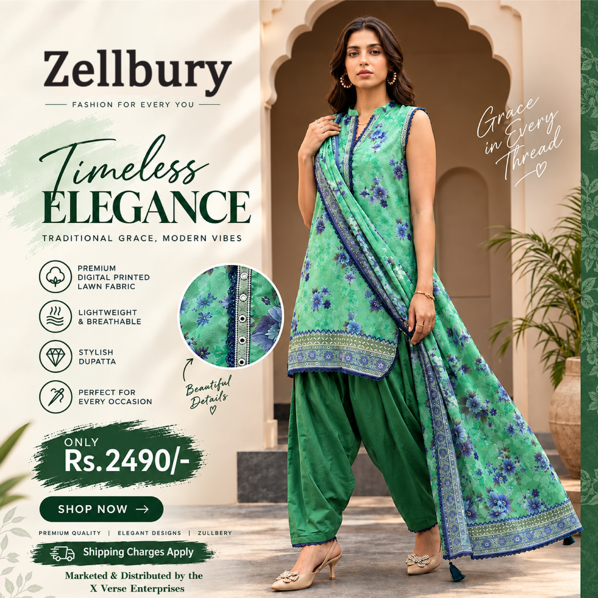 Zellbury Timeless Elegance 3-Piece Lawn Suit – Green Floral Printed Collection