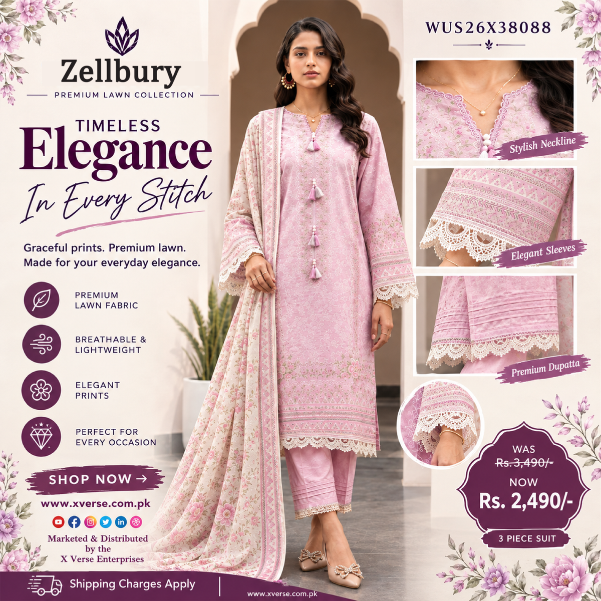 Zellbury Premium Lawn 3-Piece Suit – Pink Floral Printed Collection | WUS26X38088