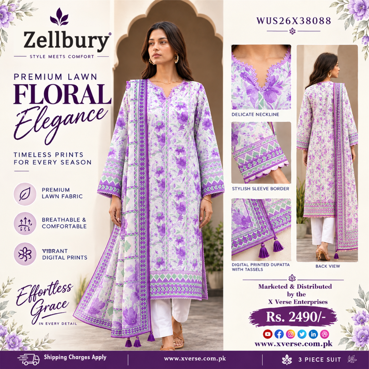 Zellbury Premium Lawn 3-Piece Suit – Floral Elegance | WUS26X38088
