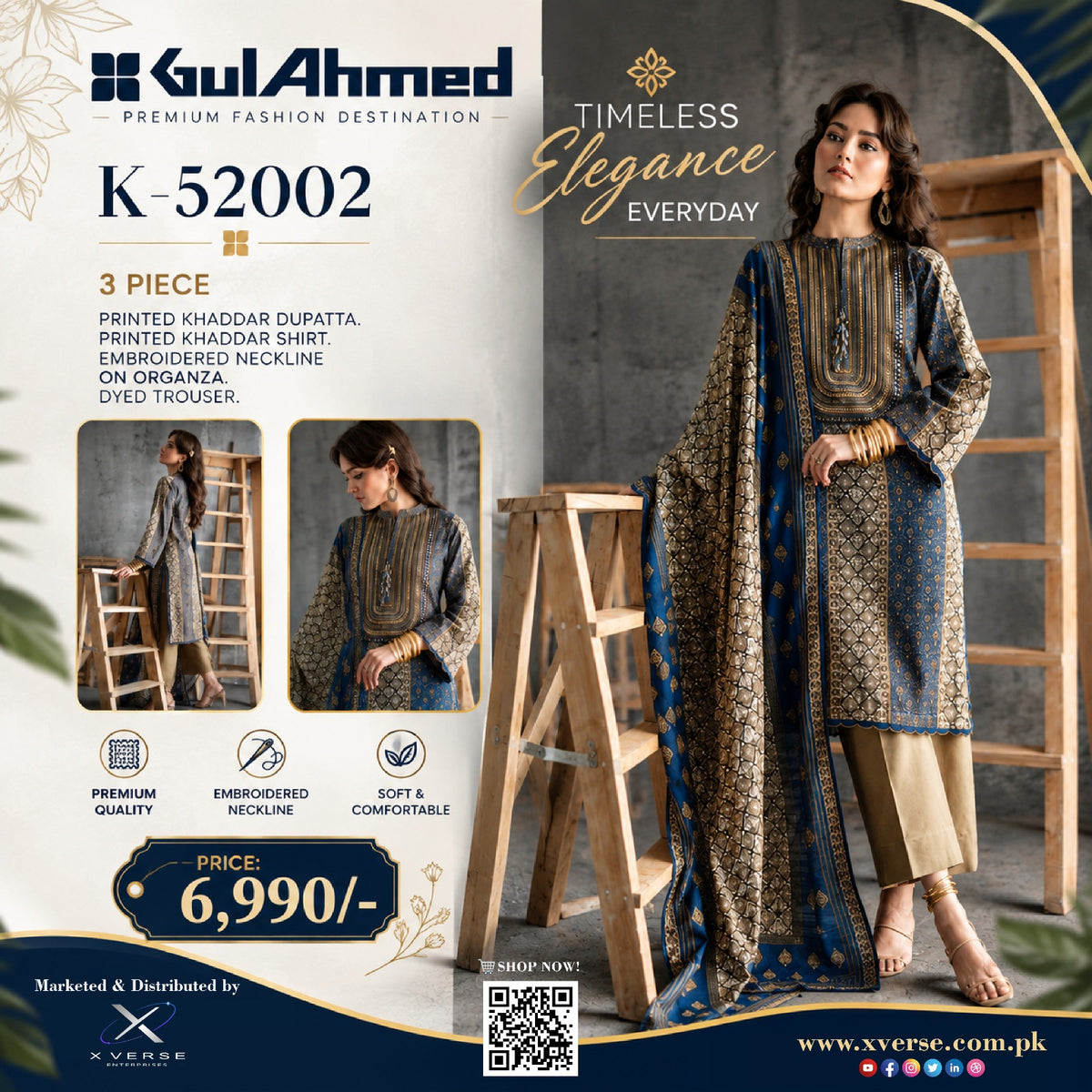 Gul Ahmed K-52002 3-Piece Printed Khaddar Suit – Premium Winter Collection