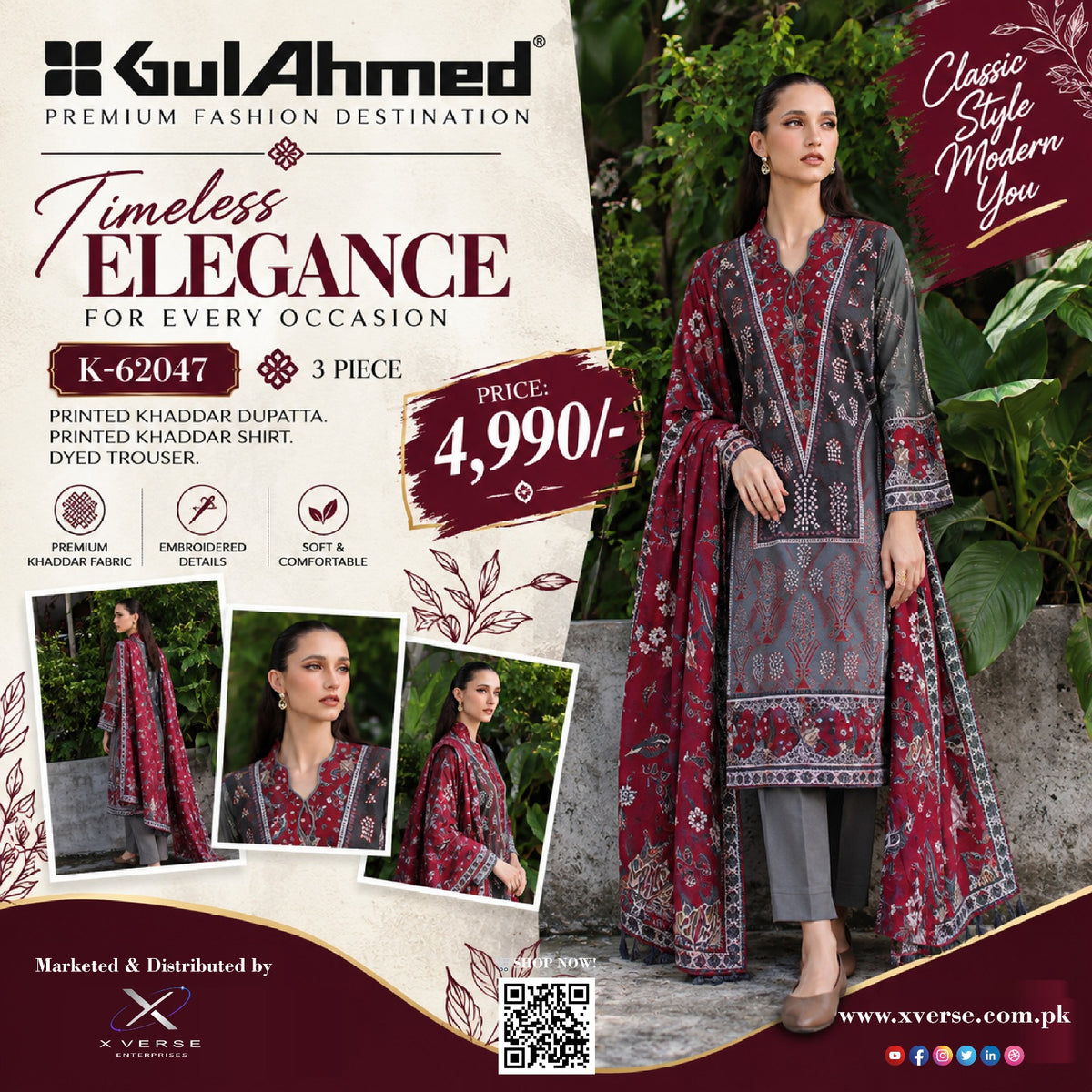 Gul Ahmed K-62047 3-Piece Printed Khaddar Suit – Timeless Elegance