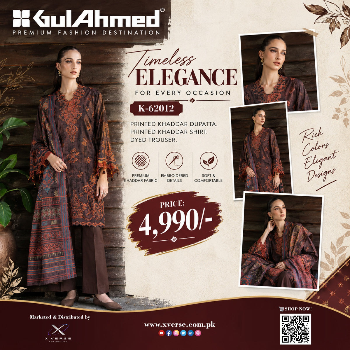 Gul Ahmed K-62012 3-Piece Printed Khaddar Suit – Rich Colors &amp; Elegant Design