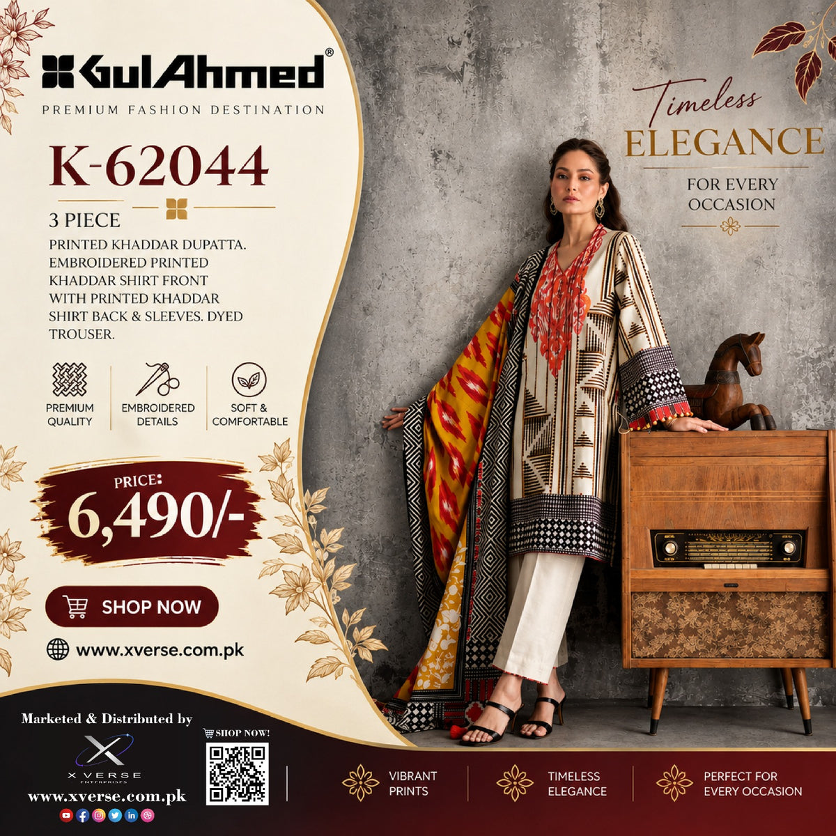 Gul Ahmed K-62044 3-Piece Embroidered Printed Khaddar Suit – Timeless Elegance