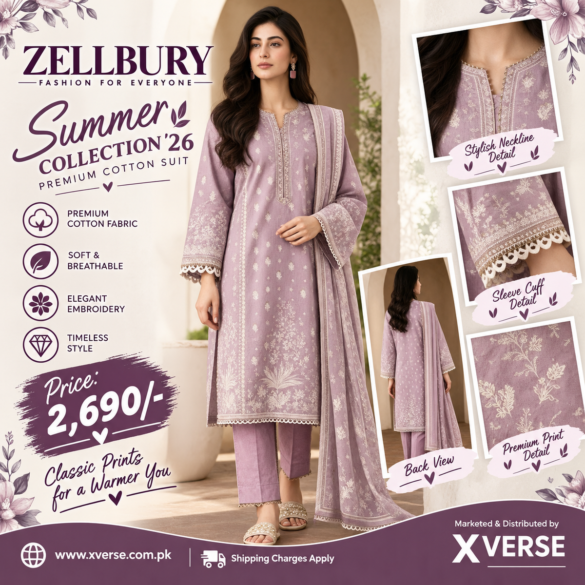 Lavender Haze: Zellbury Summer Collection '26 Mauve 3-Piece Cotton Suit