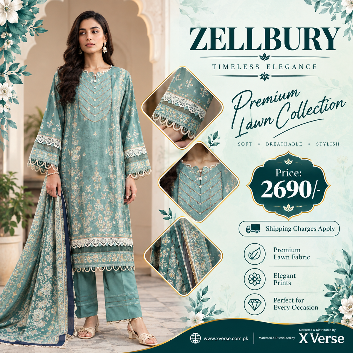 Teal Tranquility: Zellbury Premium Lawn 3-Piece Printed Suit