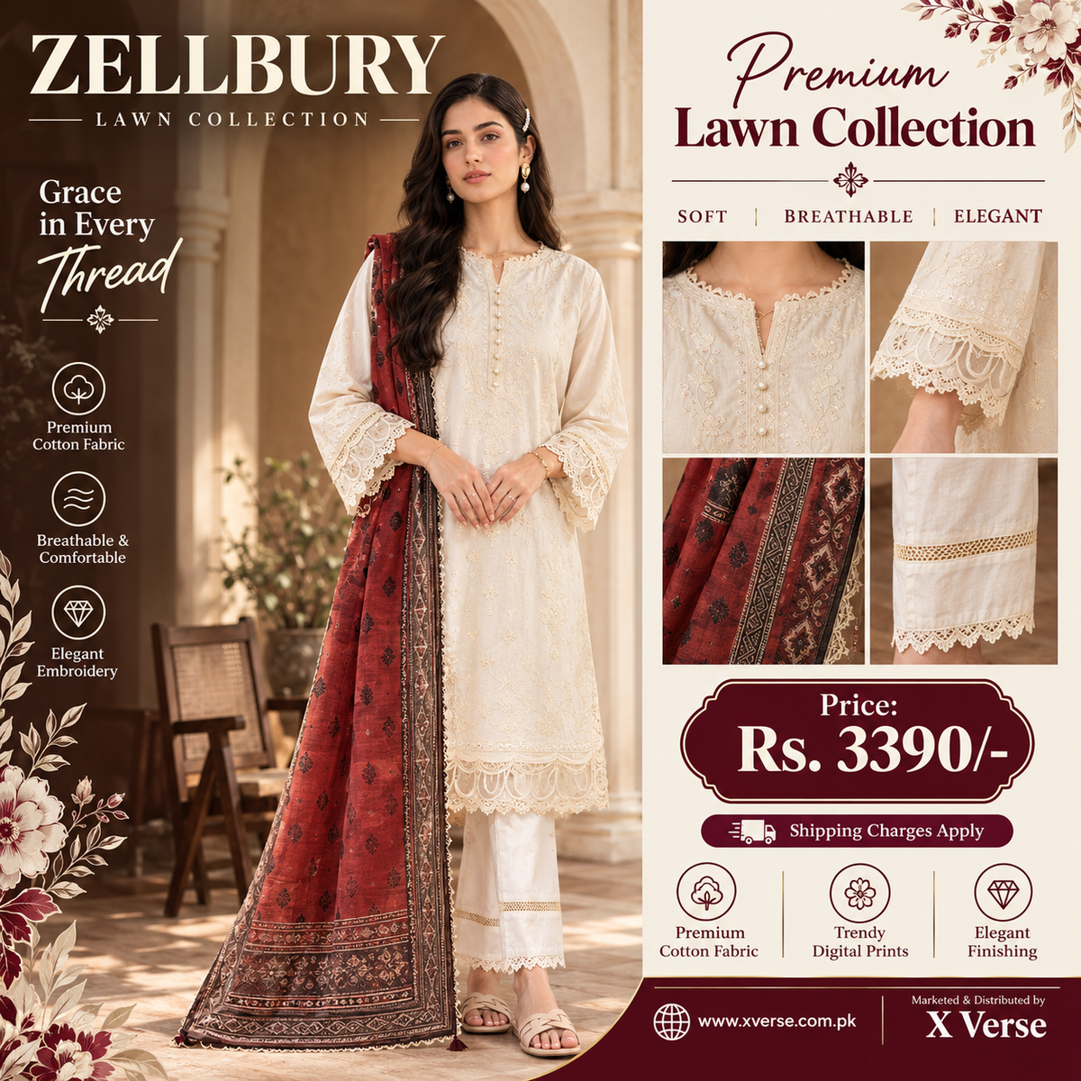 Elegance in Every Thread: Zellbury Premium Cotton Lawn 3-Piece Suit with Digital Print Dupatta
