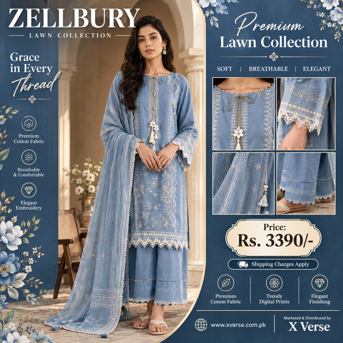 Serene in Blue: Zellbury Premium Cotton Lawn 3-Piece Embroidered Suit