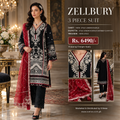 Zellbury 3 Piece Embroidered Suit – Black &amp; Red