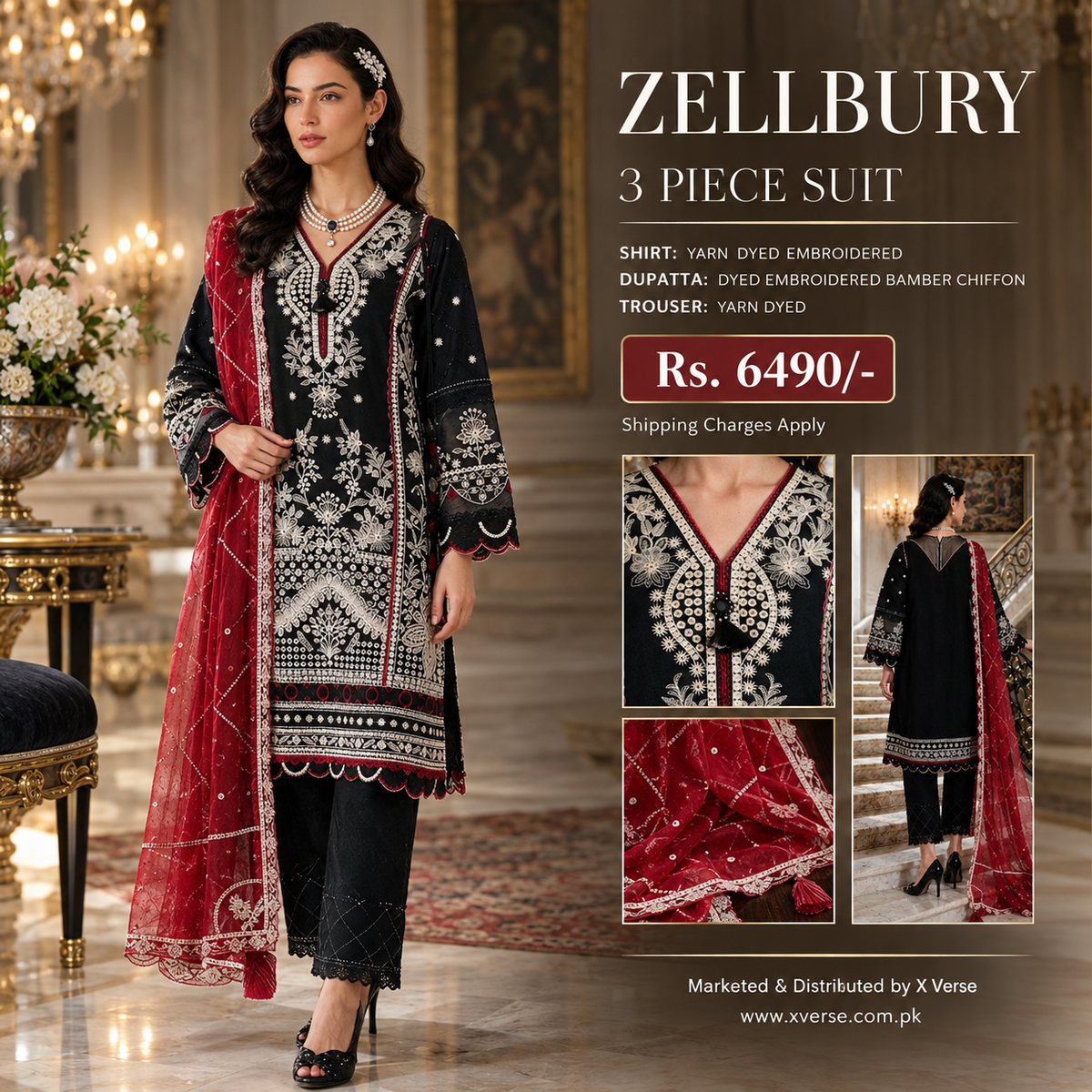 Zellbury 3 Piece Embroidered Suit – Black &amp; Red