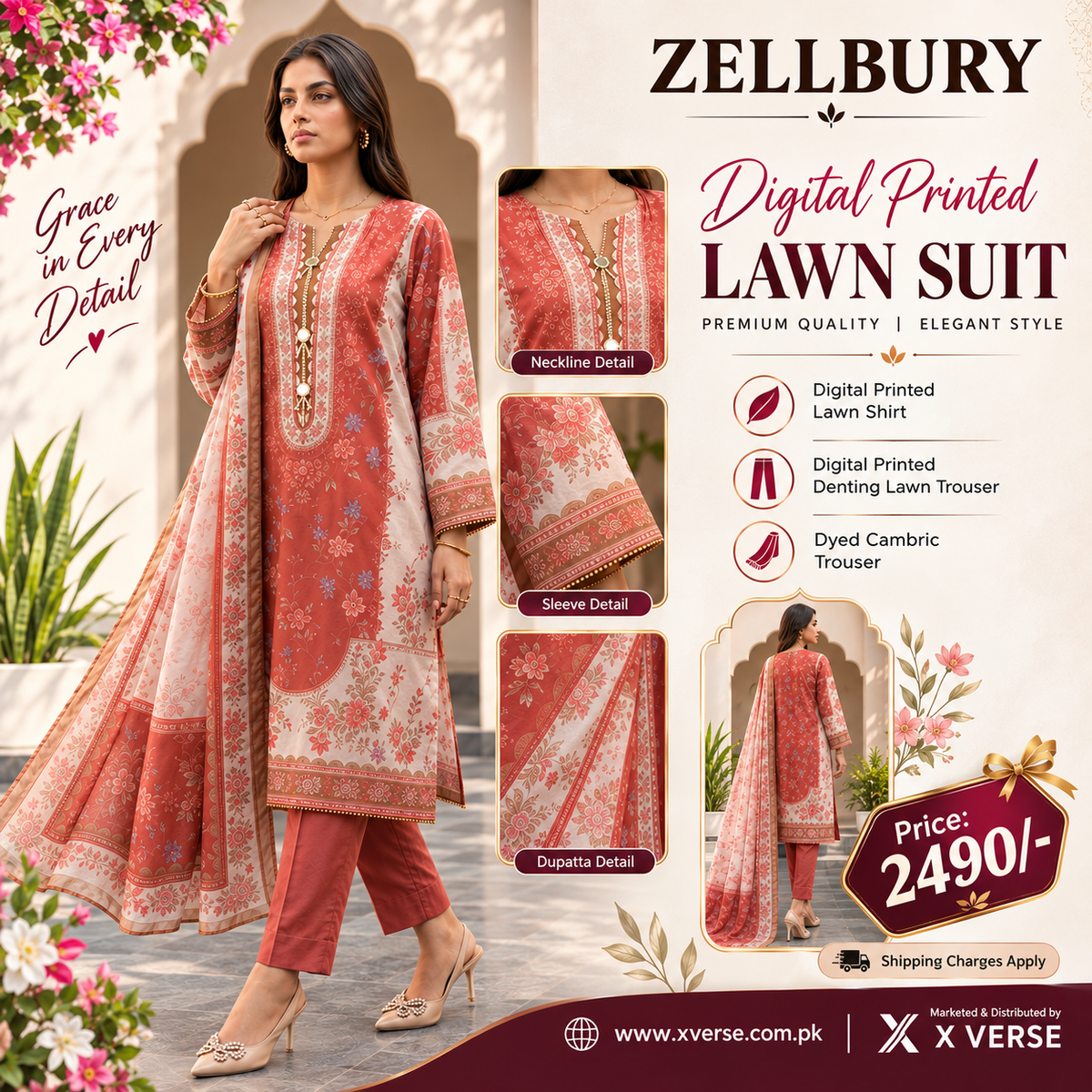 Zellbury Terracotta Floral Digital Printed Lawn Suit – Grace in Every Detail