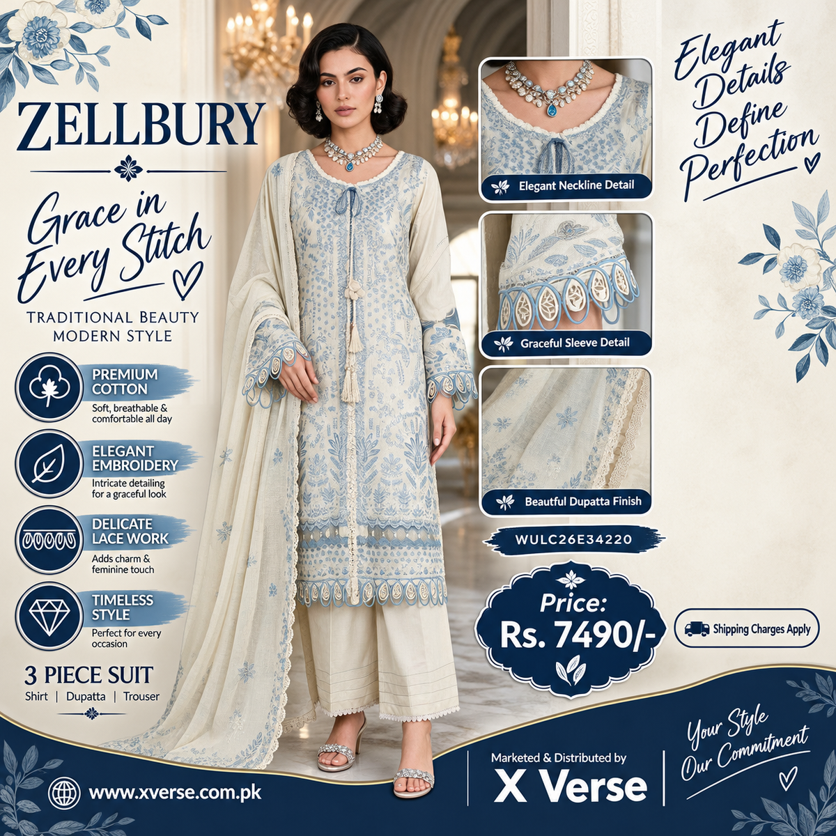 Zellbury 3 Piece Off-White & Blue Cotton Suit – Digital Printed Shirt, Dupatta & Trouser | WULC26E34220